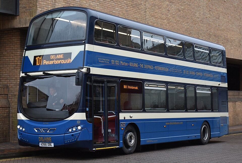A blue and cream Delaine double-decker bus in Stamford, Lincolnshire