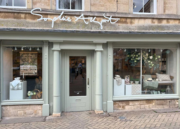 The Sophie Allport independent shopfront in Stamford with painted display windows